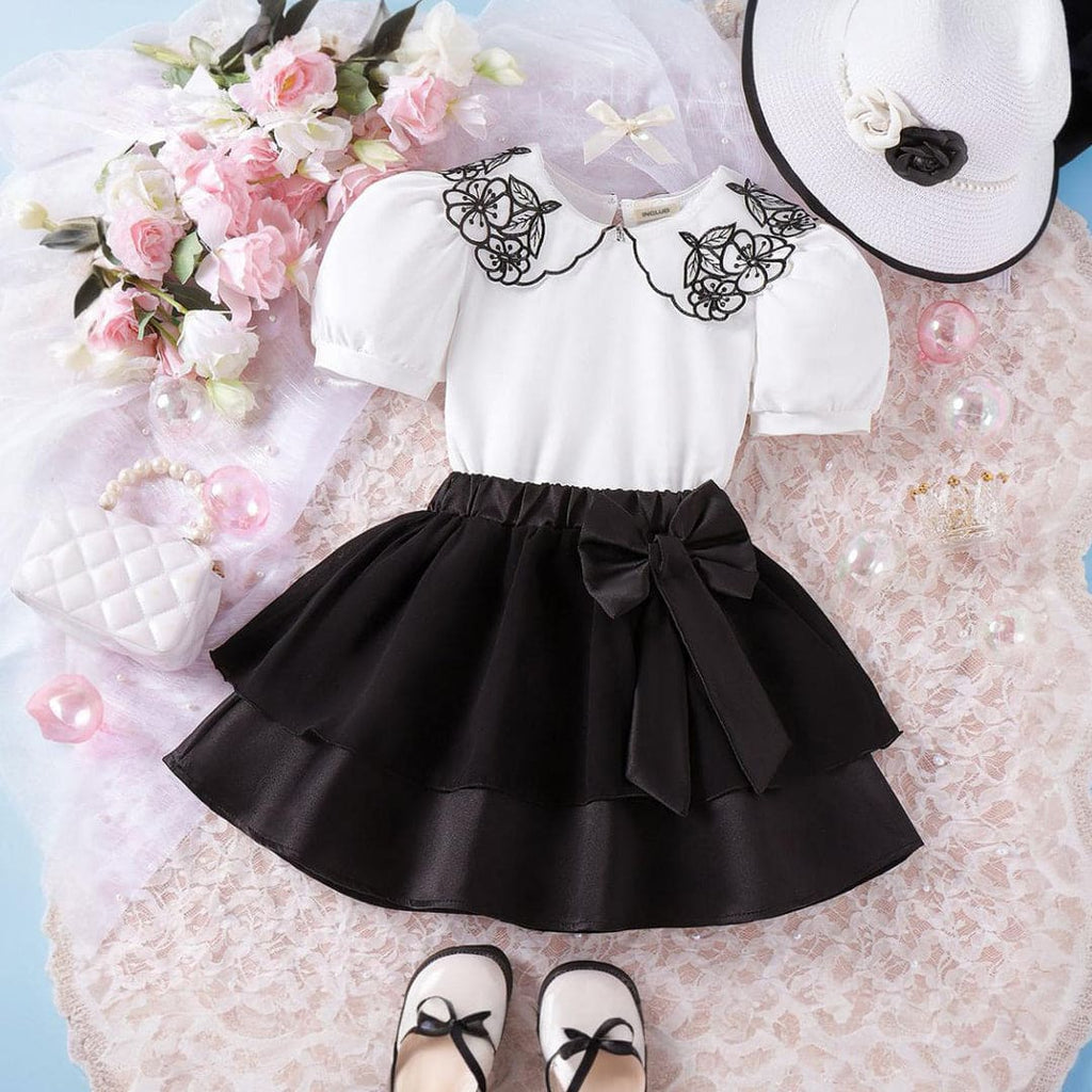 Girls Embroidered Peter Pan Collar Top With Tiered Skirt Set Sets White 3-4 Y 