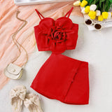 Girls Red Flower Applique Camisole Top With Shorts Set