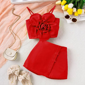Girls Red Flower Applique Camisole Top With Shorts Set Sets Red 3-4 Y 