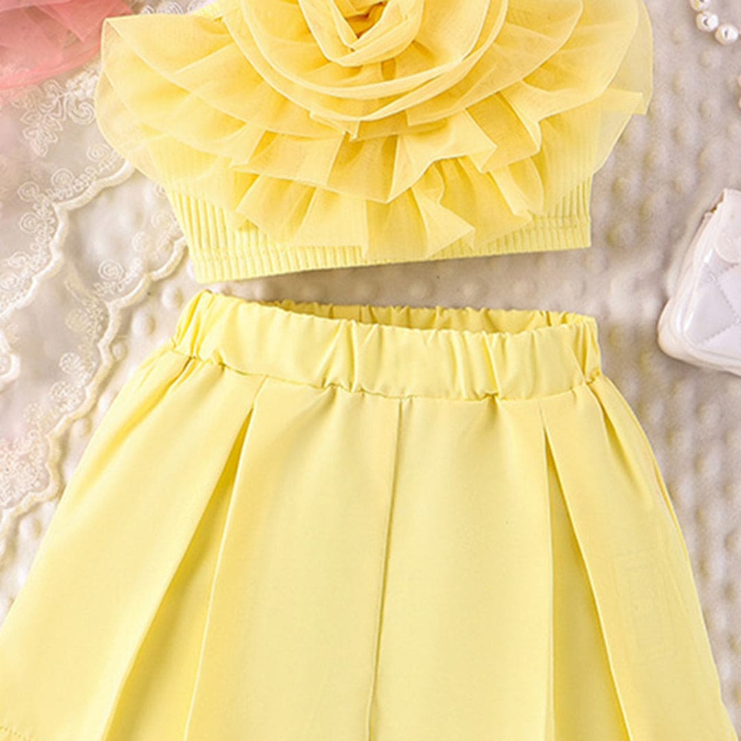 Girls Yellow Rose Applique Crossover Top with Shorts Set Sets   