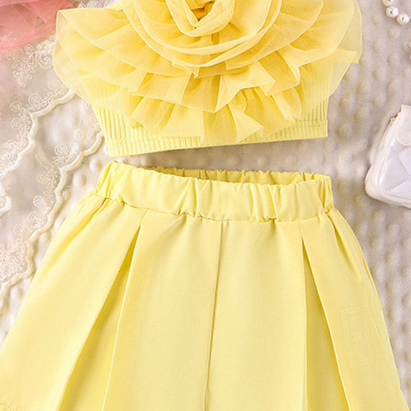 Girls Yellow Rose Applique Crossover Top with Shorts Set Sets   