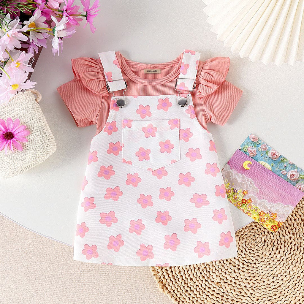 Girls Pink Knitted T-Shirt With Floral Print Pinafore Dress Casual Dresses Pink 1-2 Y 