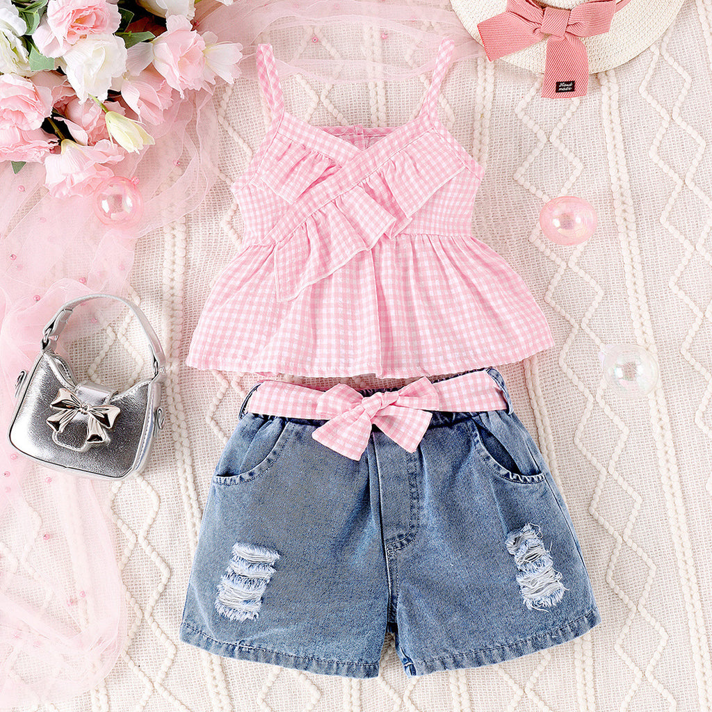 Girls Sleeveless Check Top With Denim Shorts Set Sets   