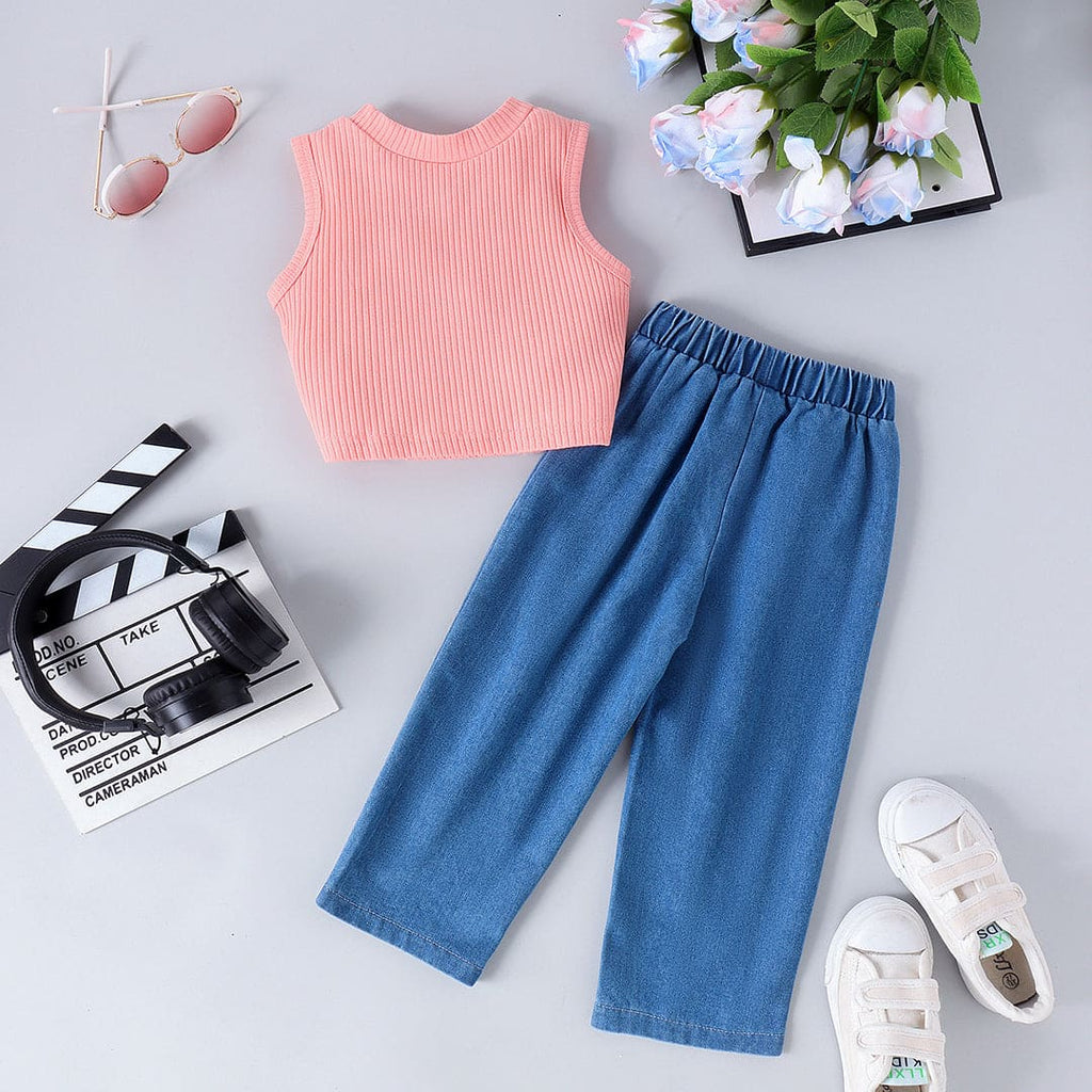 Girls Pink Sleeveless Knitted Crop Top With Denim Jeans Set Sets Pink 1-2 Y 