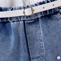 Girls White Sleeveless Shirt With Denim Shorts Set Sets   