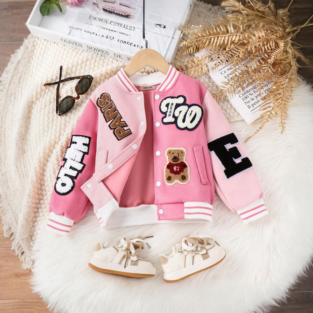 Girls Embroidery Badge Long Sleeves Jacket Coats & Jackets Pink 4-5 Y 