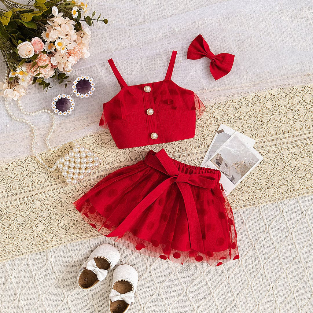 Girls Red Camisole Top With Polka Dots Skirts And Bow Set Sets Red 1-2 Y 