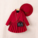 Girls Red Overlap Long Sleeves Jacket With Pleated Skirt Set