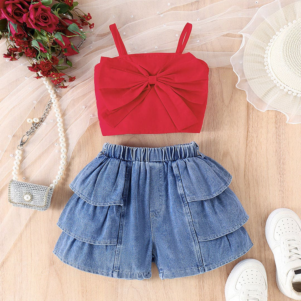 Girls Camisole Big Bow Applique Top With Denim Shorts Sets Sets Red 4-5 Y 