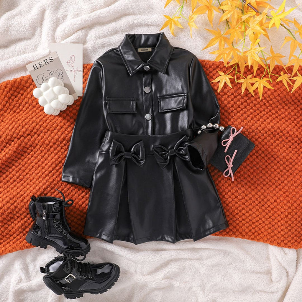 Girls PU Leather Jacket With Skirt Set