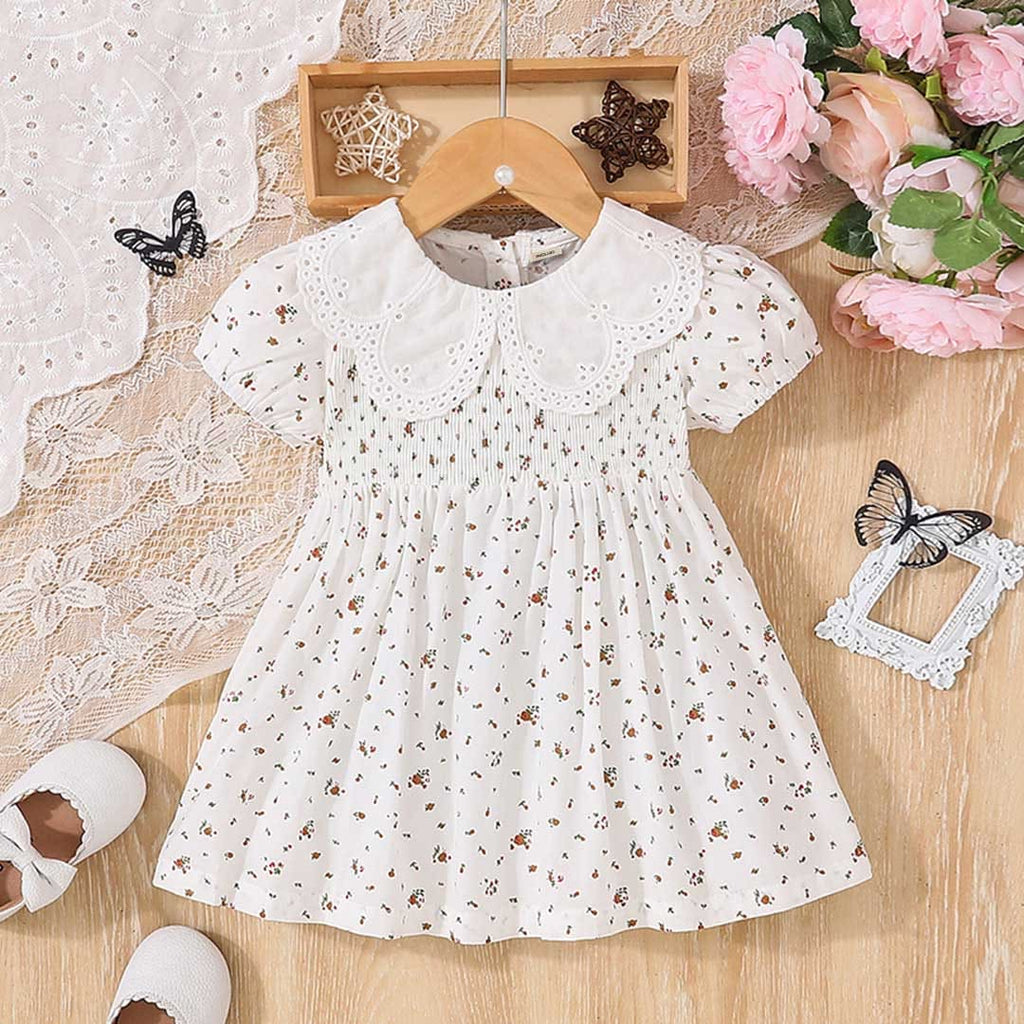 Girls White Floral Princess Casual Dress With Peter Pan Collar Casual Dresses White 1-2 Y 