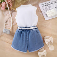 Girls White Sleeveless Shirt With Denim Shorts Set Sets   