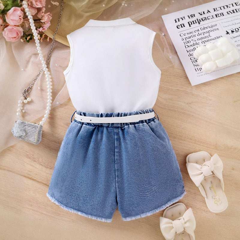 Girls White Sleeveless Shirt With Denim Shorts Set Sets   