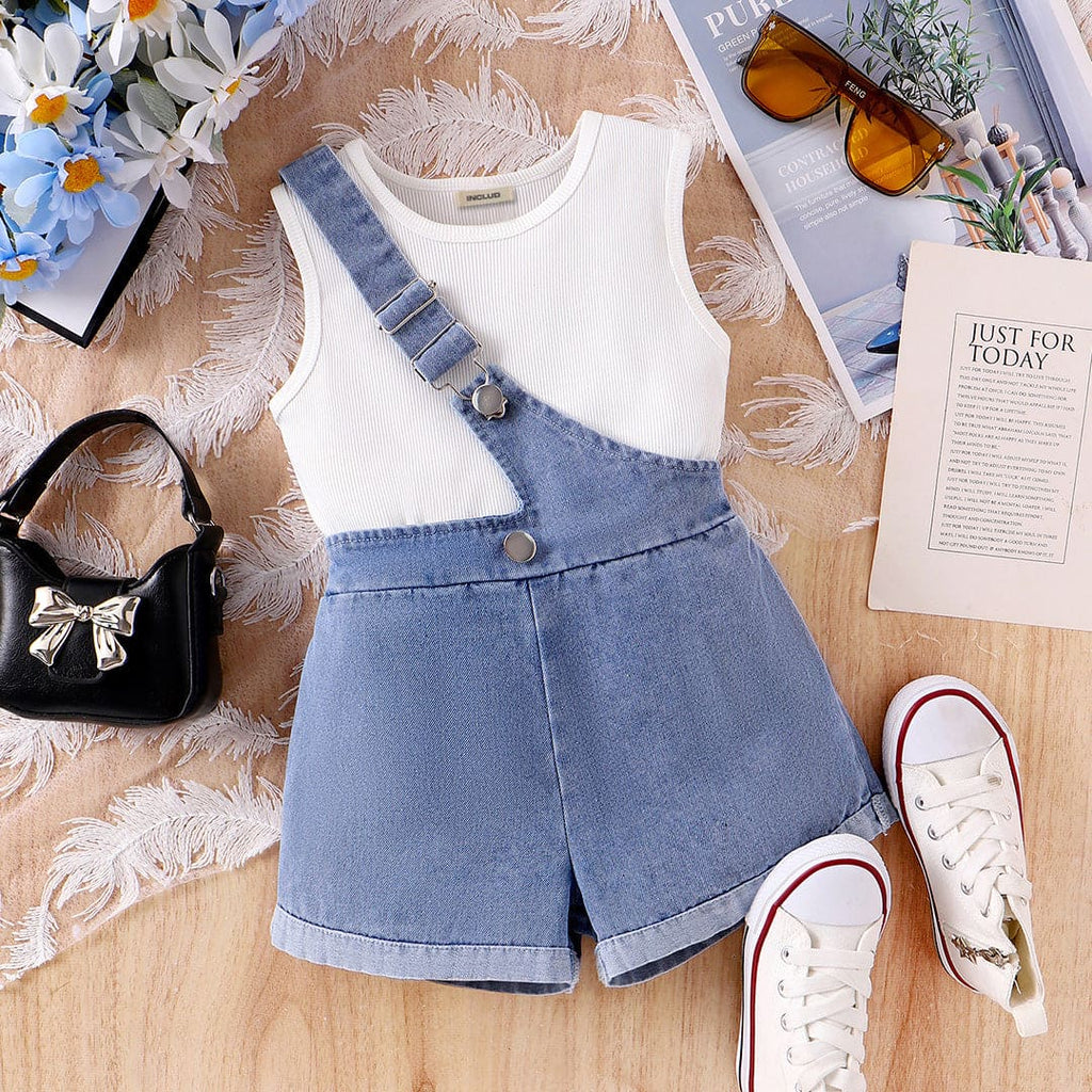 Girls Sleeveless Vest With Suspender Denim Shorts Set Sets White 3-4 Y 