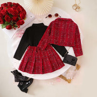 Girls Texture Jacket With High Neck Top & Pleated Skirt Set Sets   