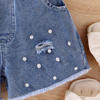 Girls White Sleeveless Shirt With Denim Shorts Set Sets   