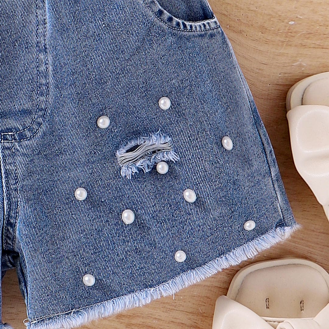 Girls White Sleeveless Shirt With Denim Shorts Set Sets   