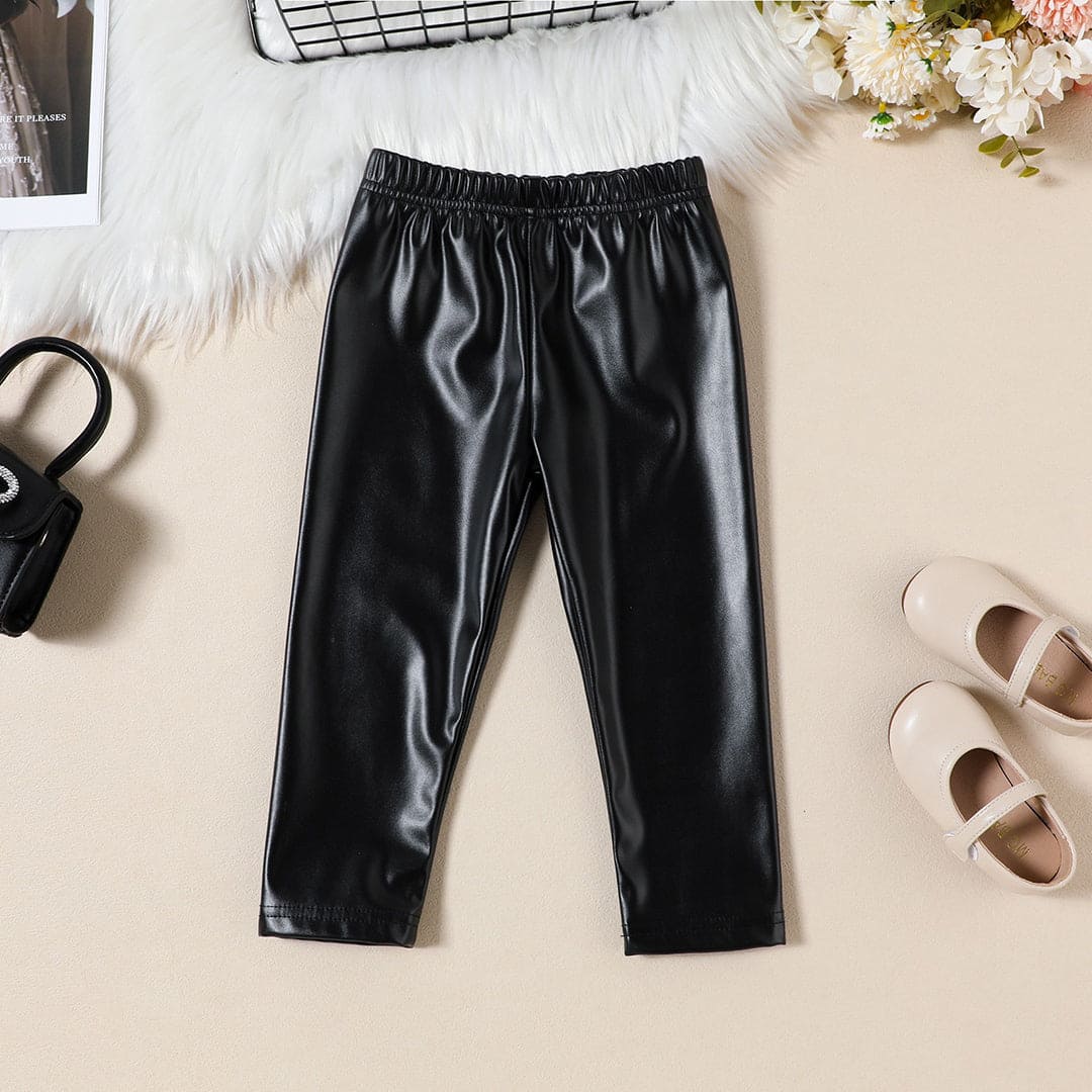 Girls Black Faux Leather Crop Top With Trouser & High Neck Pullover Set Sets   