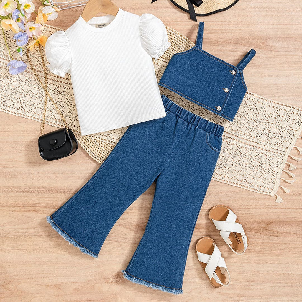 Girls Blue Sleeveless Camisole With Puff Sleeves Top & Denim Pants Set Sets Blue 1-2 Y 