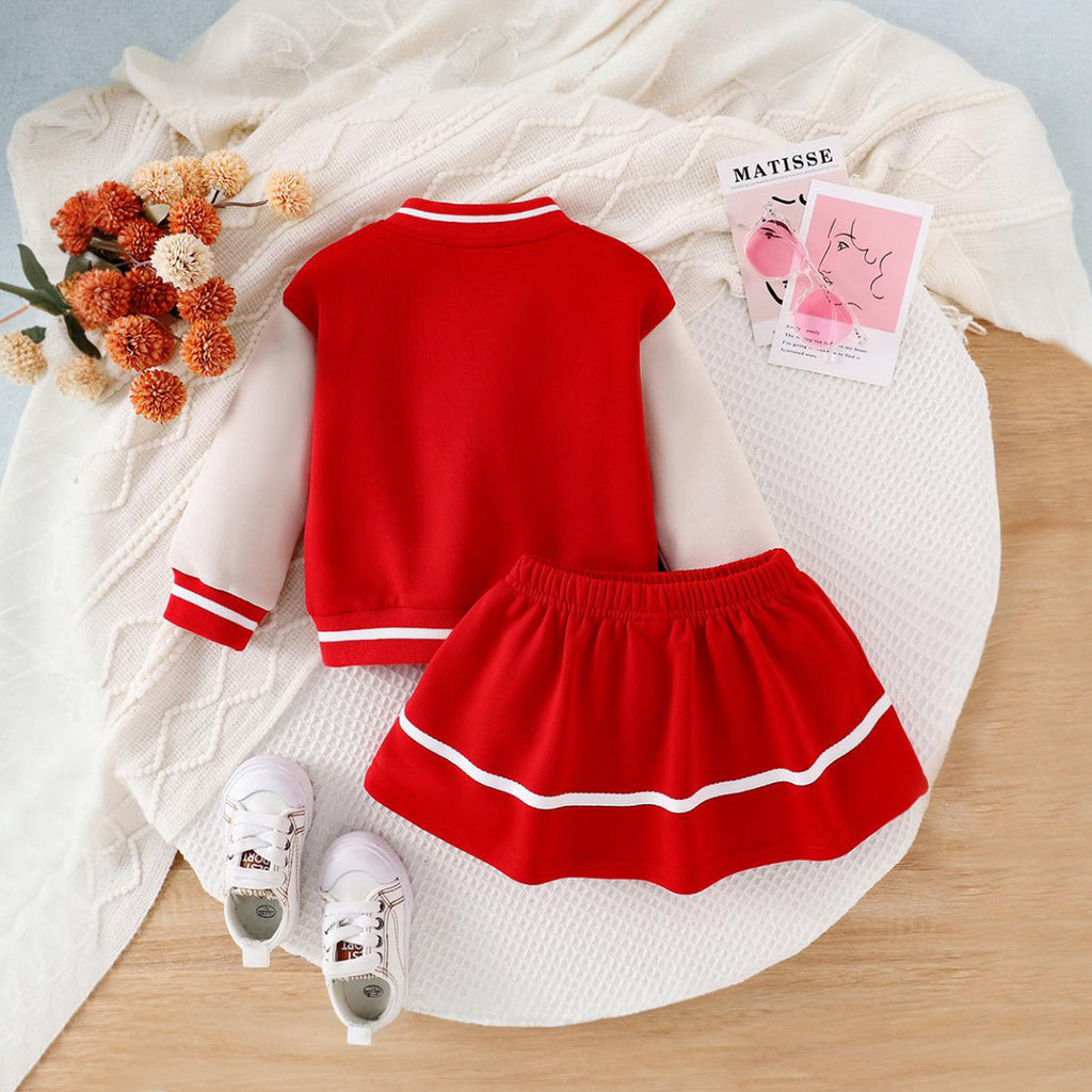 Girls Long Sleeve Flower Button Sweatshirt With Skirt Set Sets Red 1-2 Y 