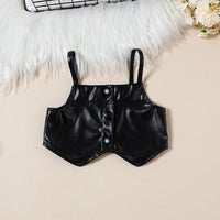 Girls Black Faux Leather Crop Top With Trouser & High Neck Pullover Set Sets   
