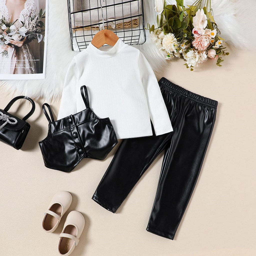 Girls Black Faux Leather Crop Top With Trouser & High Neck Pullover Set Sets Black 1-2 Y 