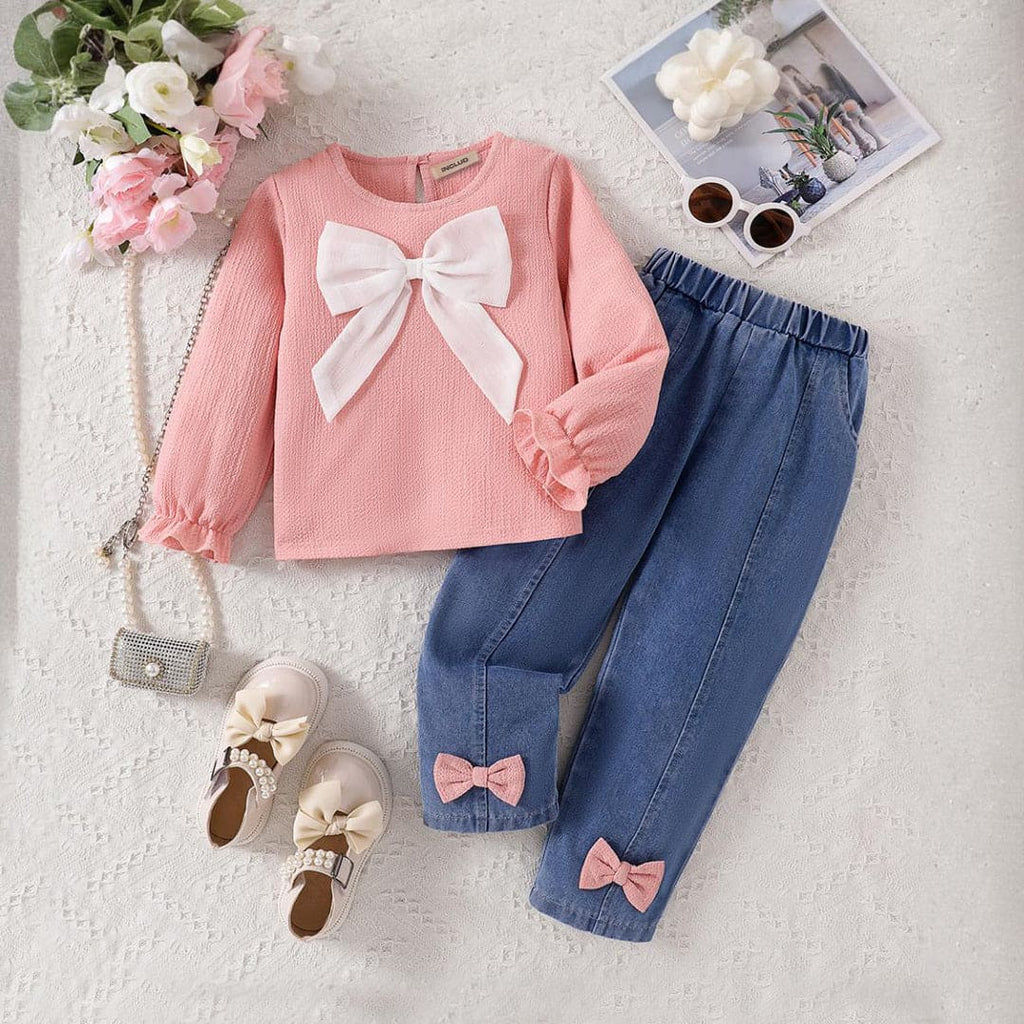 Girls Bow Applique Long Sleeves Top With Denim Jeans Set Sets Pink 2-3 Y 