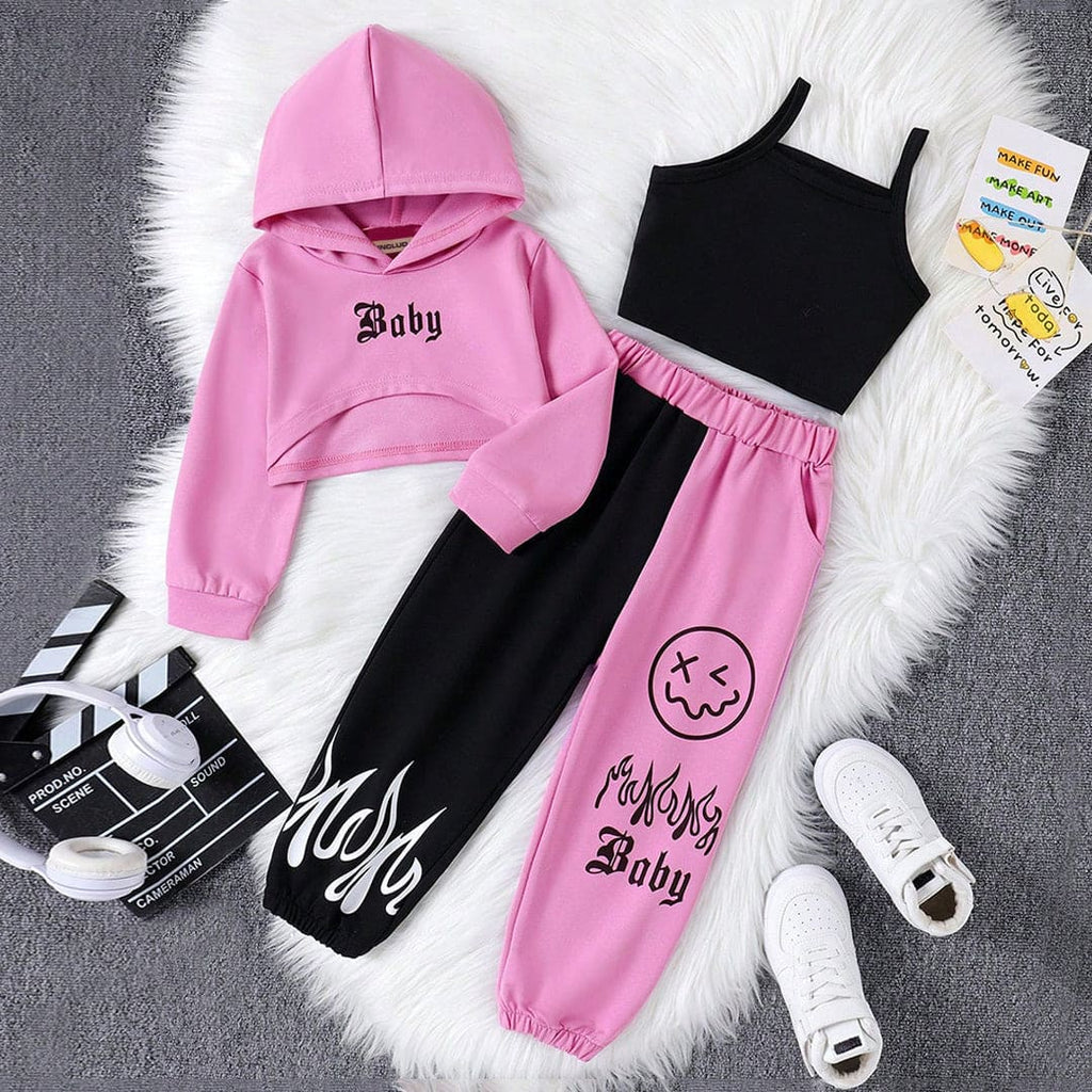 Girls Pink Camisole Top With Printed Hoodie & Trouser Set Sets Pink 4-5 Y 