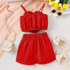 Girls Red Flower Applique Camisole Top With Shorts Set Sets   