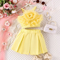 Girls Yellow Rose Applique Crossover Top with Shorts Set Sets Yellow 4-5 Y 