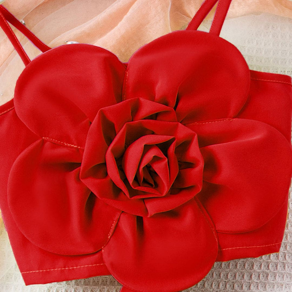 Girls Red Flower Applique Camisole Top With Shorts Set Sets   