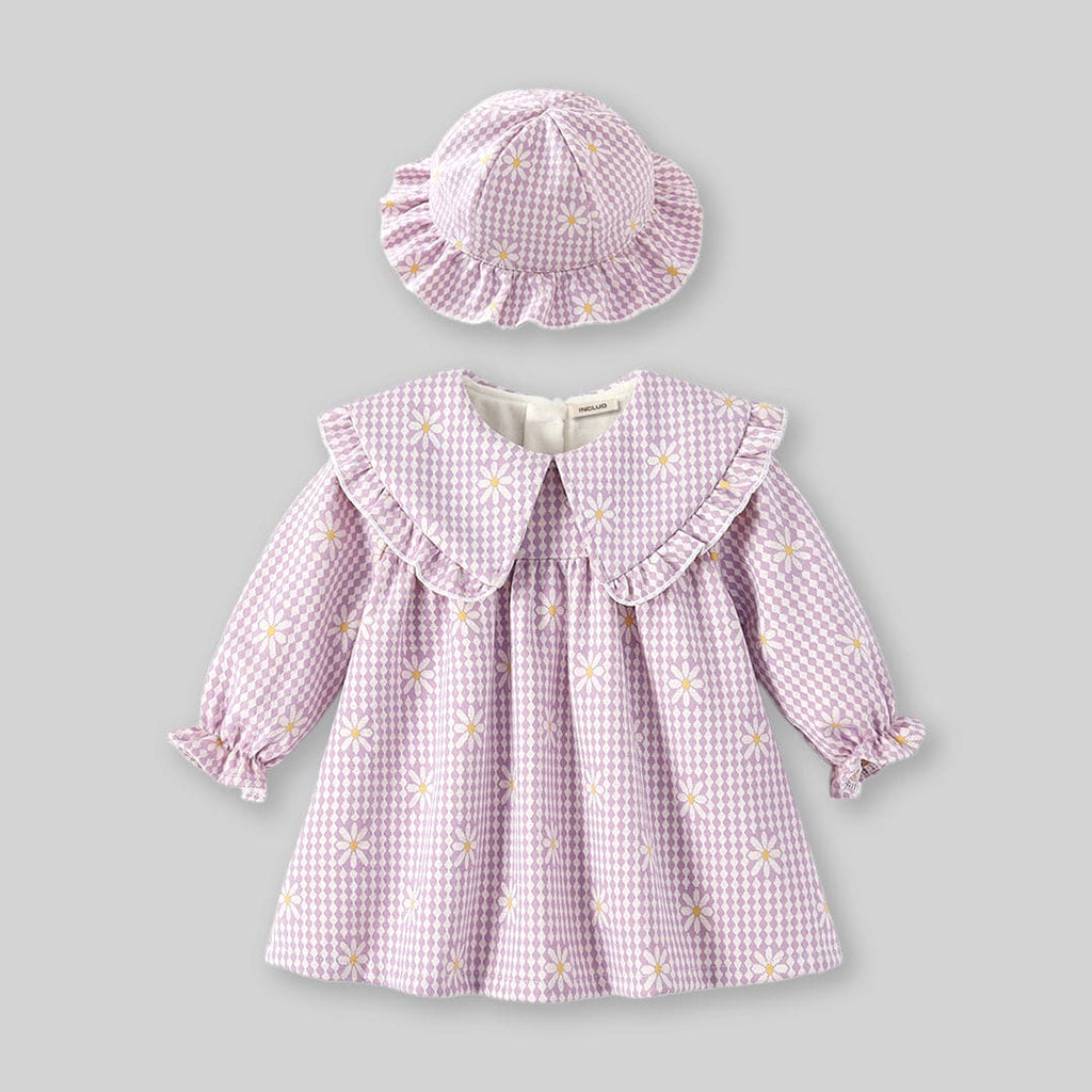 Girls Plaid Flared Casual Dress With Hat Casual Dresses Violet 1-2 Y 