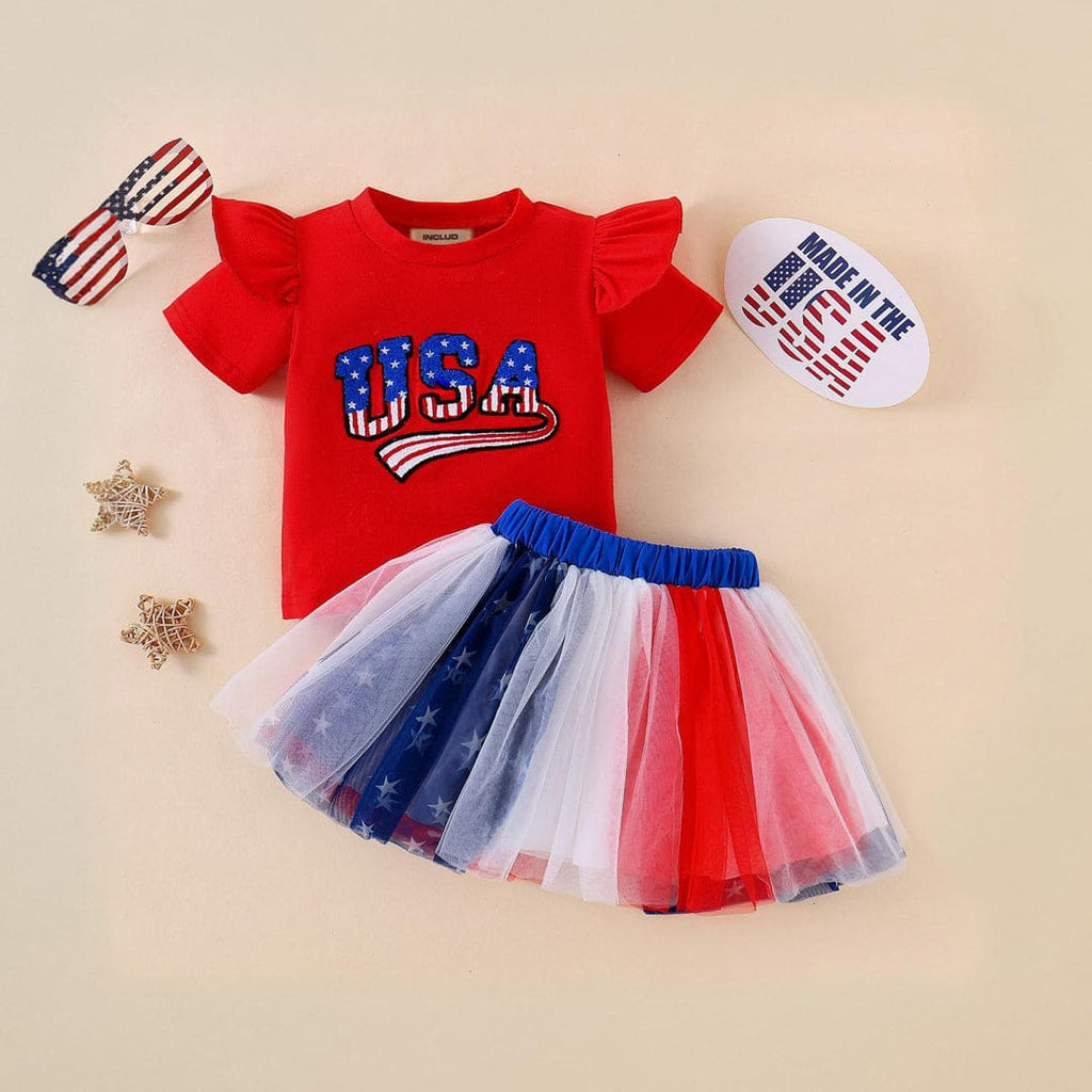 Girls Towel Embroidery Red Top With Multicolor Mesh Skirt Set Sets Red 1-2 Y 