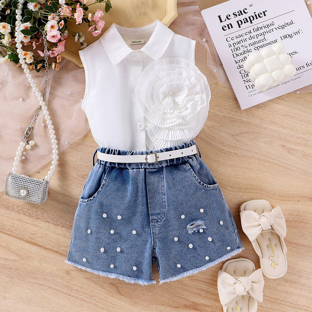 Girls White Sleeveless Shirt With Denim Shorts Set Sets White 4-5 Y 