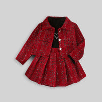 Girls Texture Jacket With High Neck Top & Pleated Skirt Set Sets   