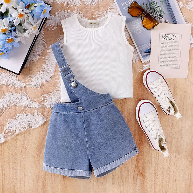 Girls Sleeveless Vest With Suspender Denim Shorts Set Sets   