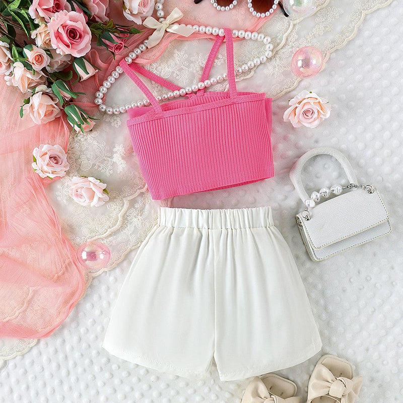 Girls Fuchsia Rose Applique Crossover Top with Shorts Set Sets   