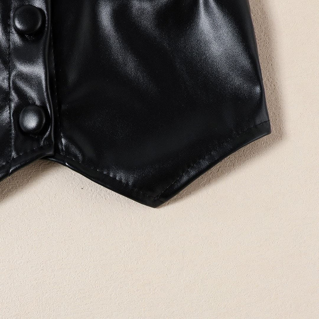 Girls Black Faux Leather Crop Top With Trouser & High Neck Pullover Set Sets   