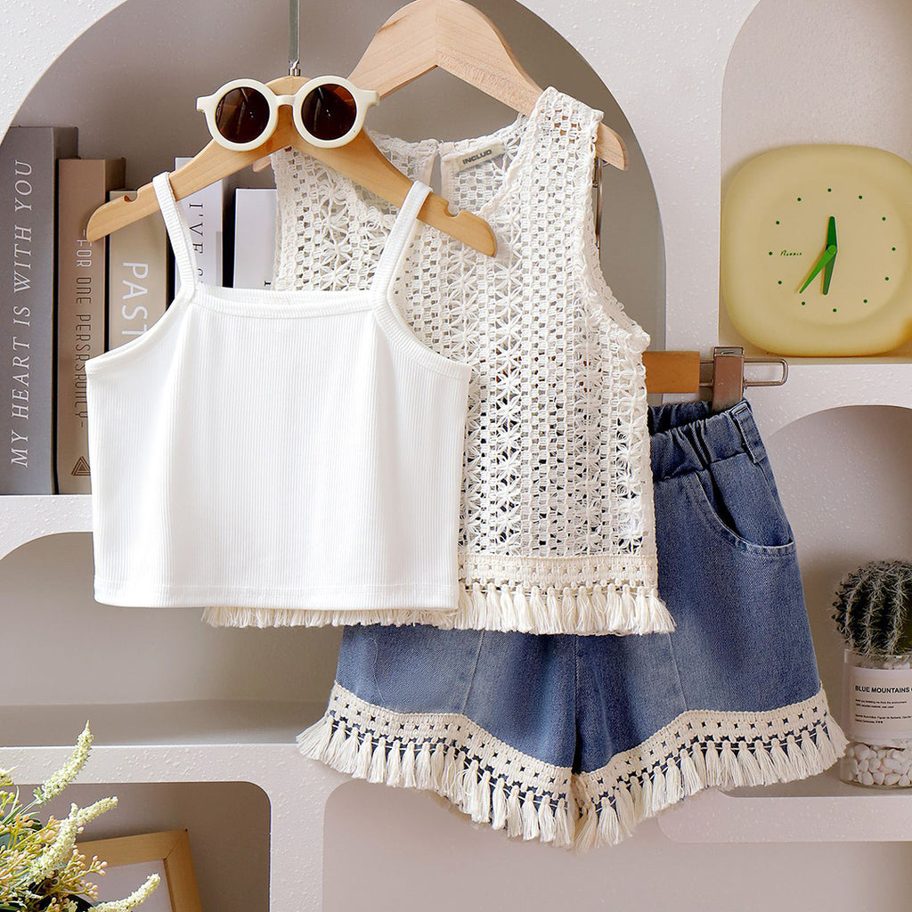 Girls Cutout Tassel Vest With Denim Shorts & Camisole Top Set Sets White 3-4 Y 