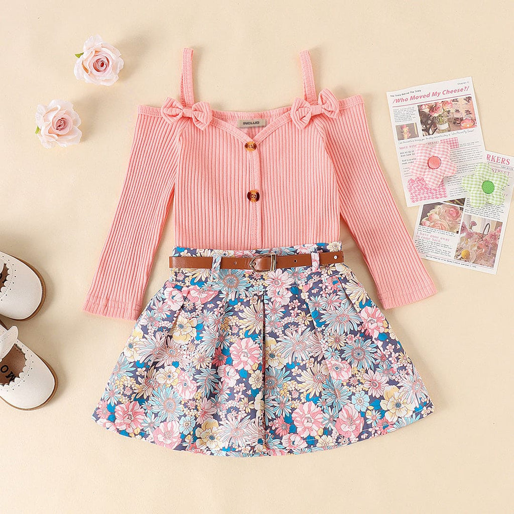 Girls Pink Long Sleeve Knitted Top With Floral Print Skirt & Belt Set Sets Pink 1-2 Y 