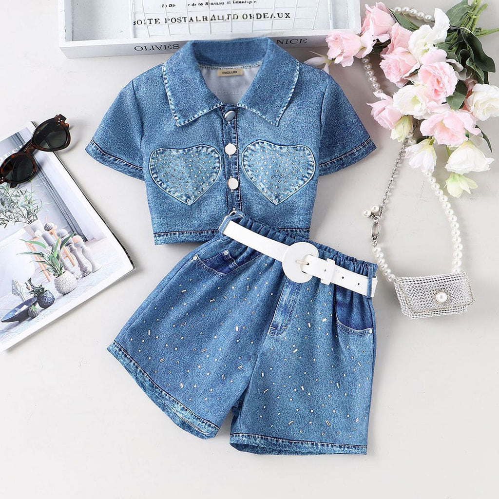 Girls Embellished Denim Shirt With Shorts & Belt Set Sets Blue 4-5 Y 