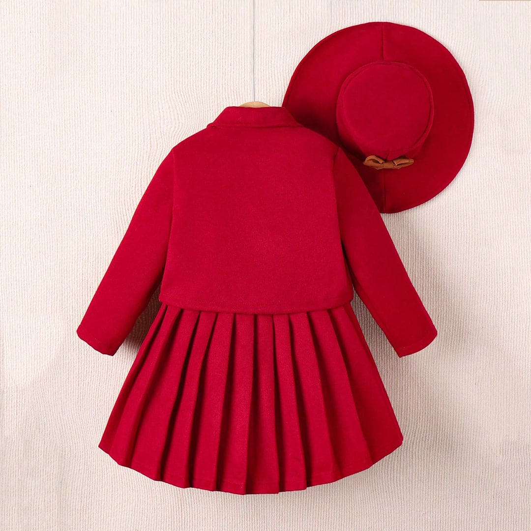 Girls Red Overlap Long Sleeves Jacket With Pleated Skirt Set Sets