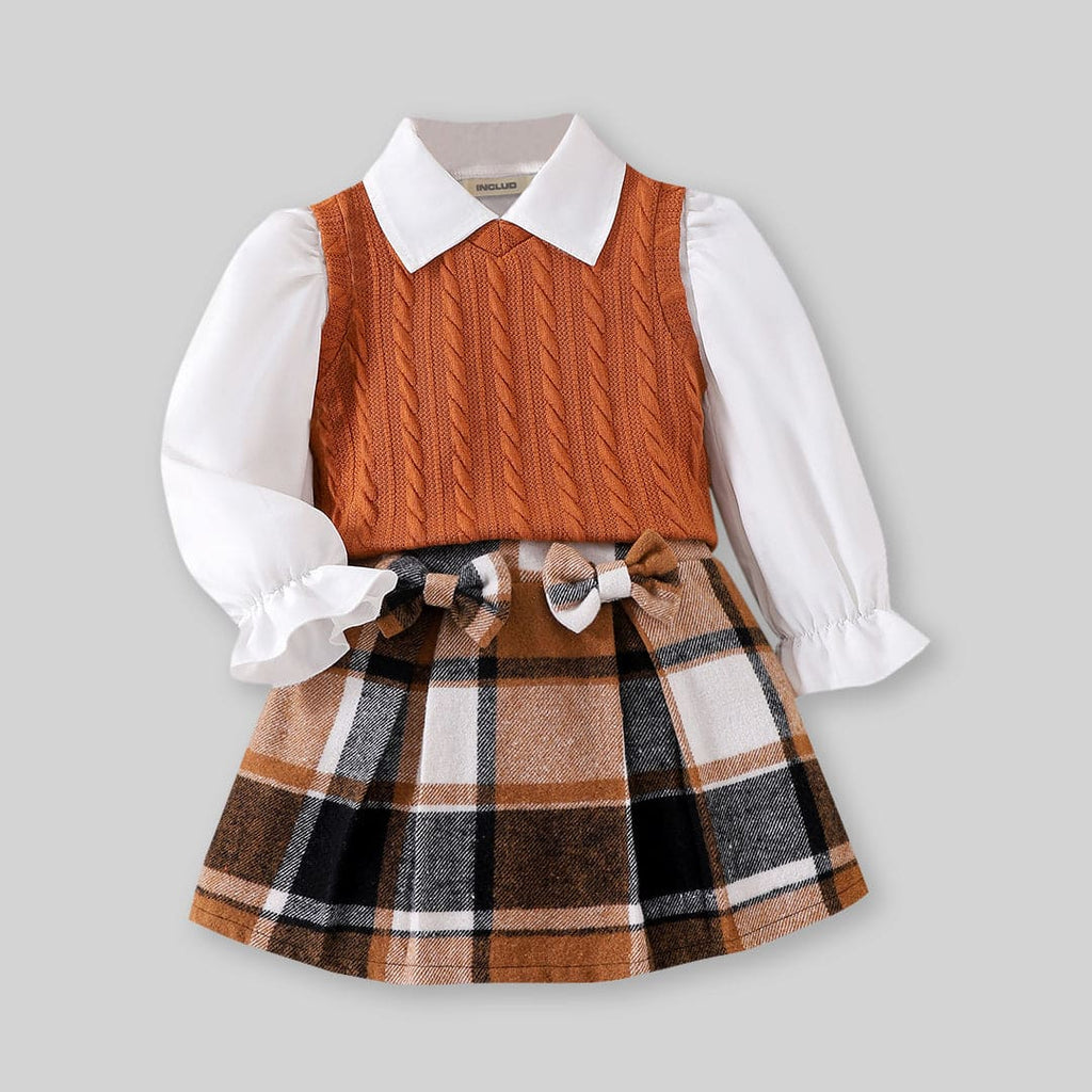 Girls Long Sleeve Shirt With Sweater Vest & Check Pleated Skirt Sets Sets Brown 2-3 Y 