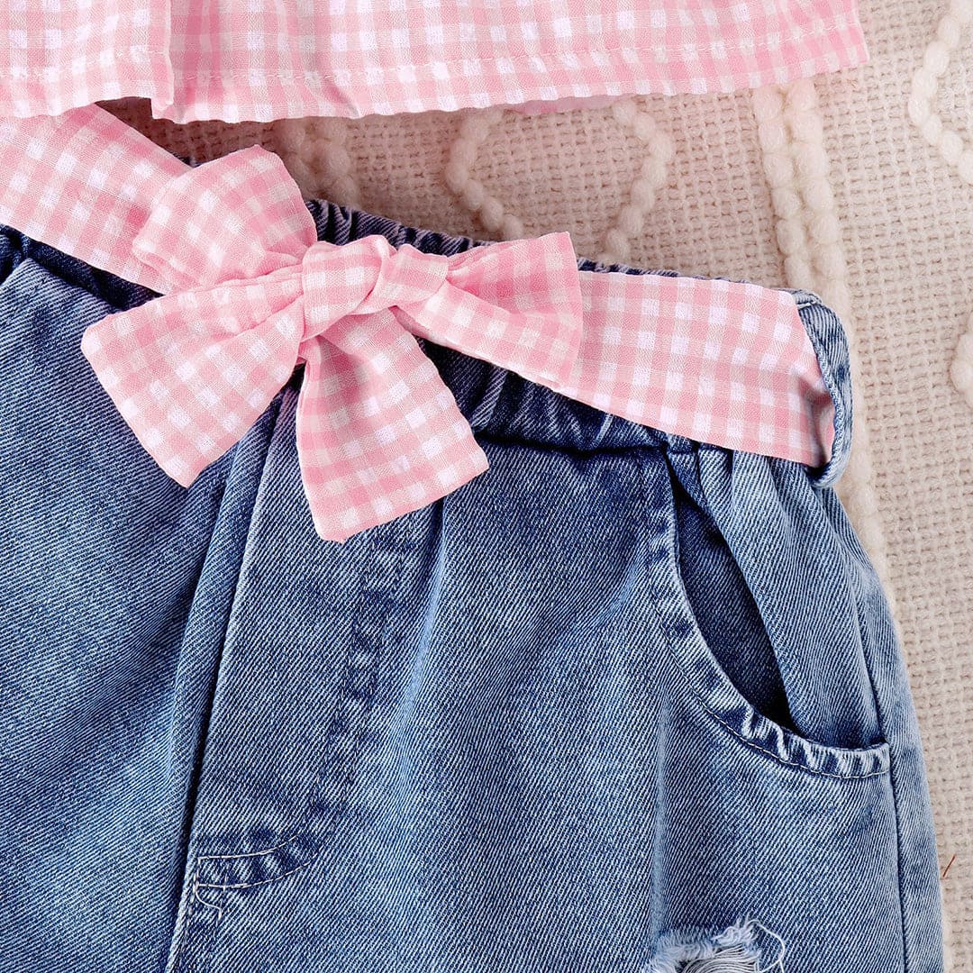 Girls Sleeveless Check Top With Denim Shorts Set Sets   
