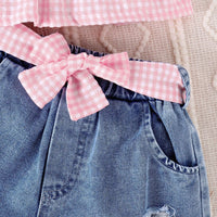 Girls Sleeveless Check Top With Denim Shorts Set Sets   