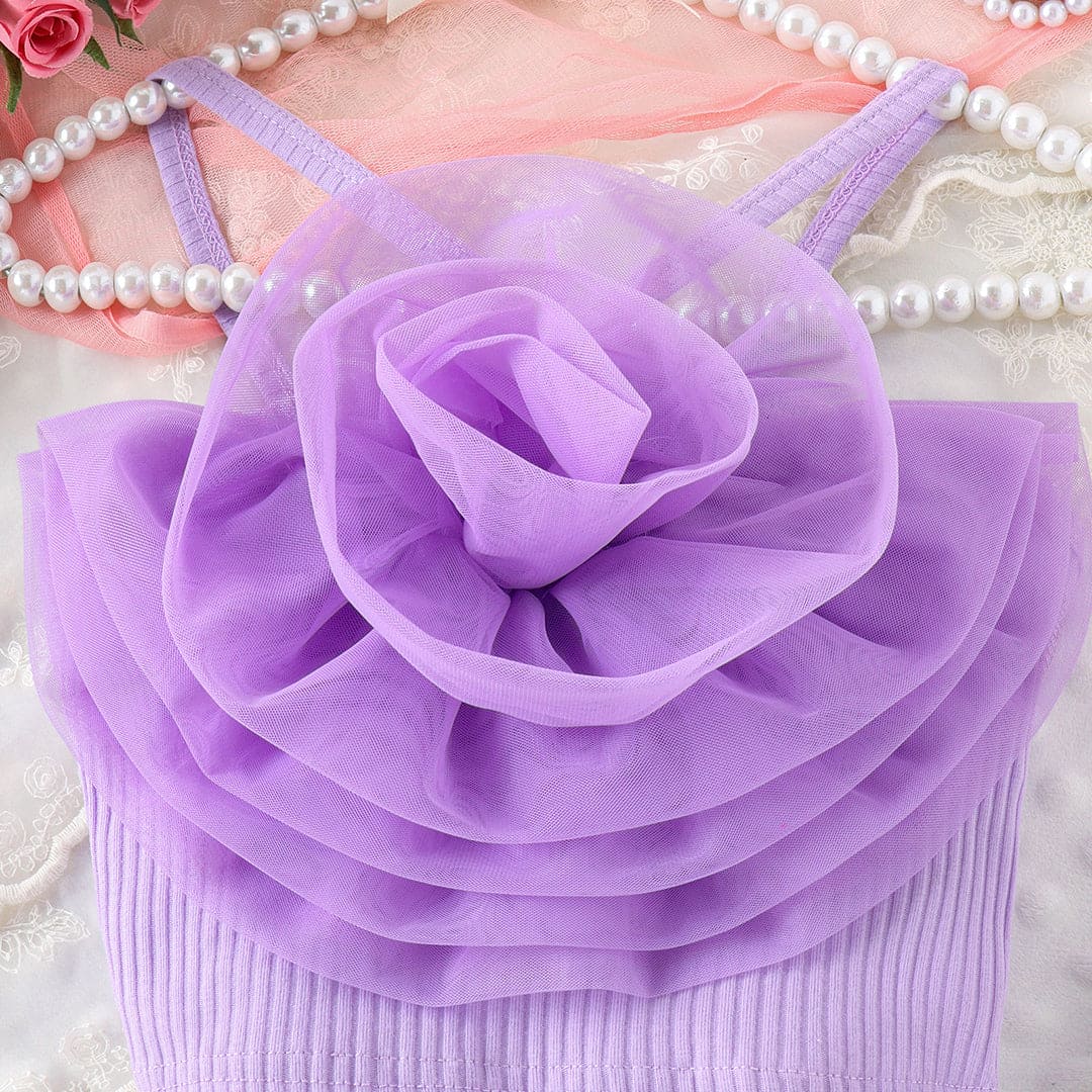 Girls Purple Rose Applique Crossover Top With Shorts Set Sets   