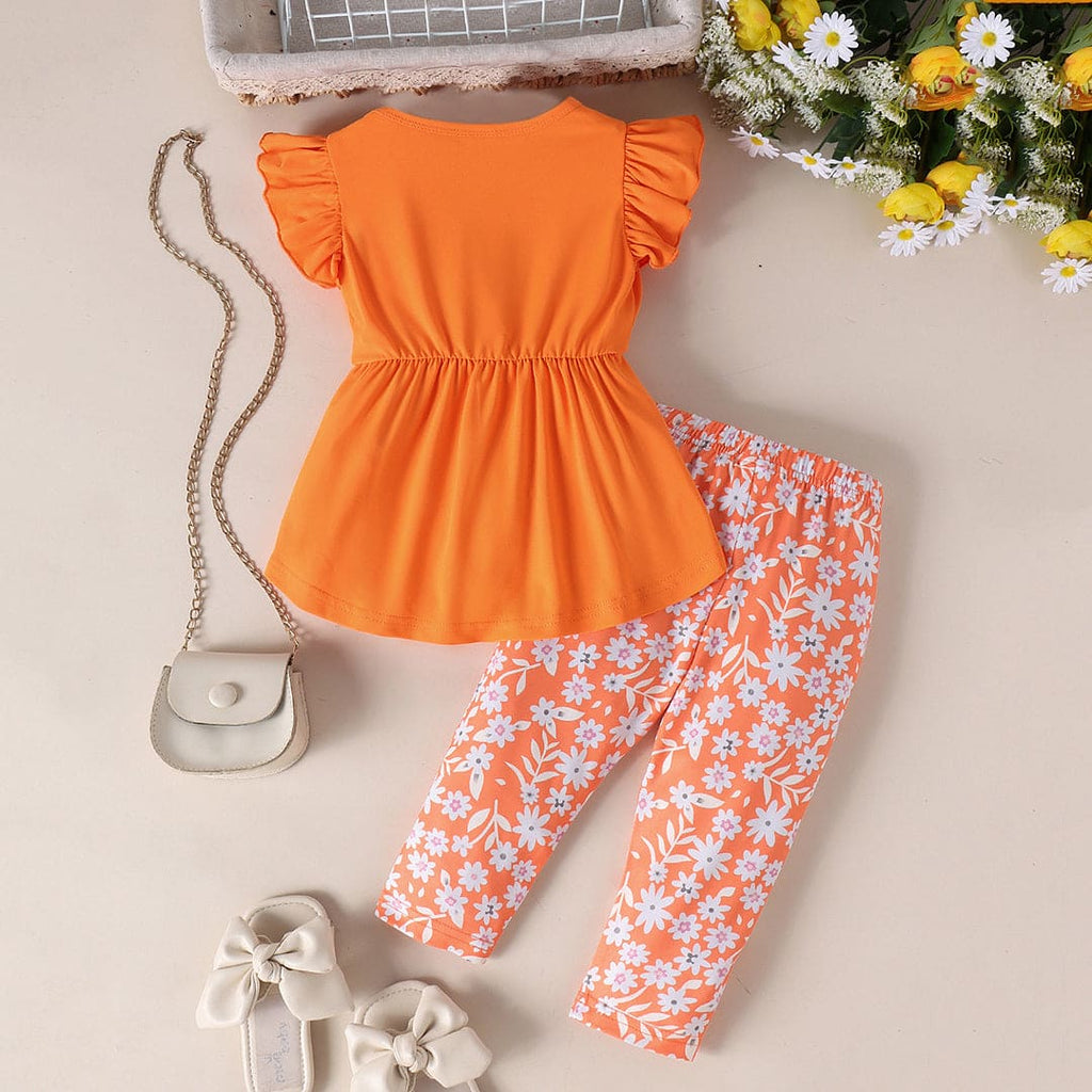 Girls Short Sleeve High-Low Top With Printed Trousers Set Sets Orange 1-2 Y 