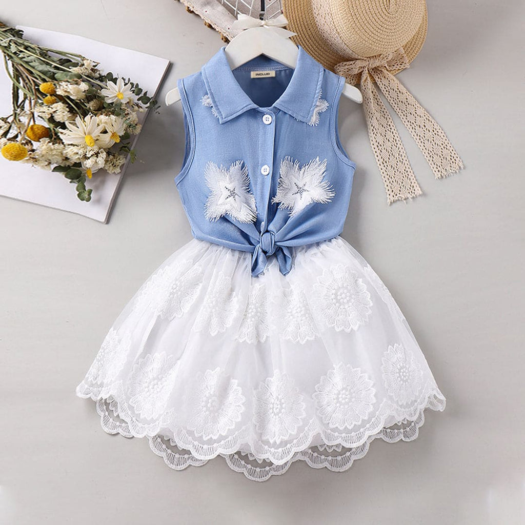 Girls Blue Sleeveless Knotted Shirt With Embroidered Skirt Set Sets Blue 4-5 Y 