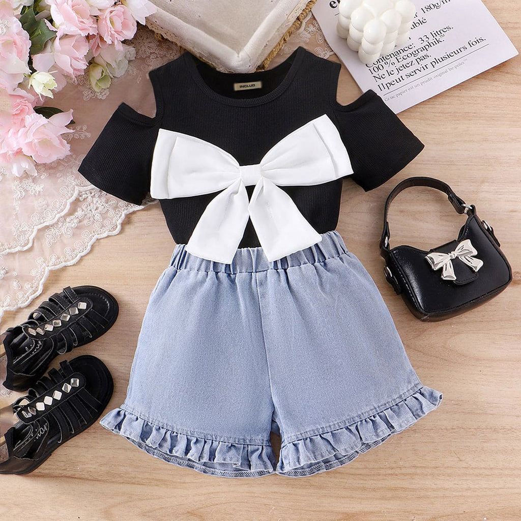 Girls Black Bow Applique Top With Denim Shorts Set Sets Black 3-4 Y 