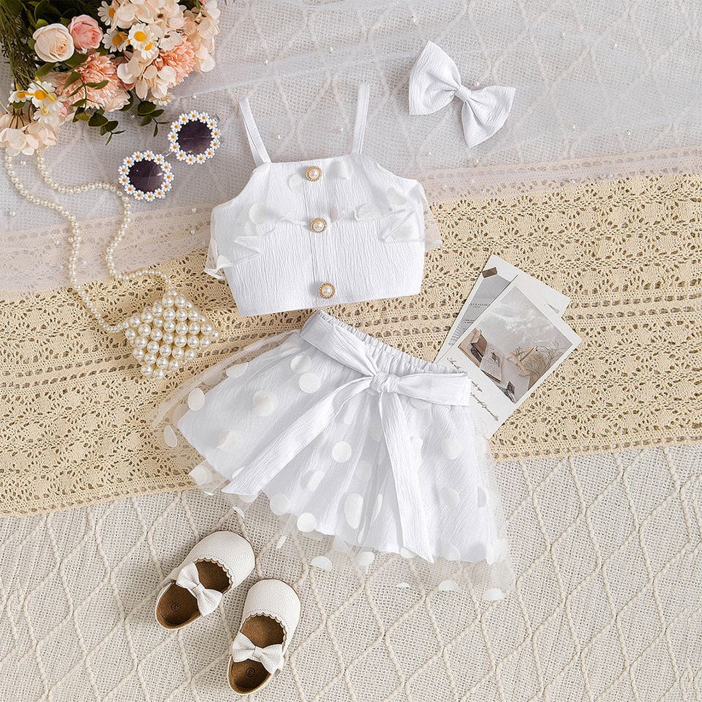 Girls White Camisole Top With Polka Dots Skirts And Bow Set Sets White 1-2 Y 